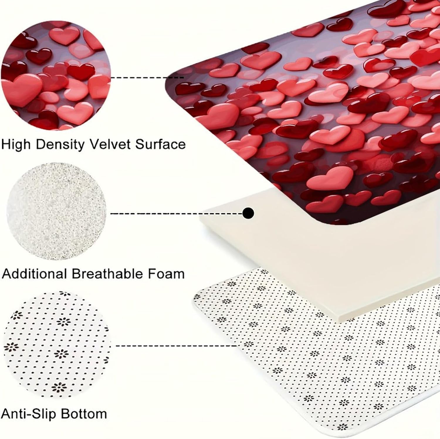 Red Hearts Kitchen Rugs Sets of 3 Washable Non Slip Kitchen Rug Water Resistant Carpet Piece Anti Fatigue Kitchen Mats Soft Comfort Standing Mat Modern Area Rug