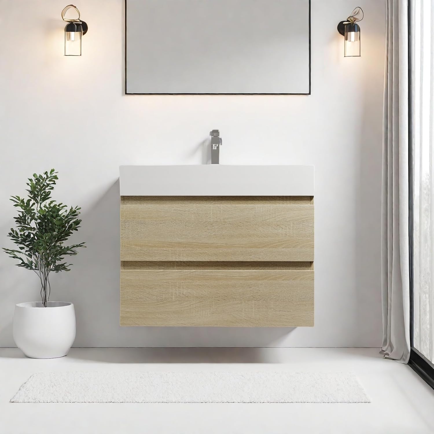 Floating Bathroom Vanity with Sink, 30" Wall-Mounted Vanity with Thick Edge Resin Basin & Woodgrain Finish, Space Saving Small Bathroom Storage Cabinet with 2 Soft-Close Drawers, Light Oak
