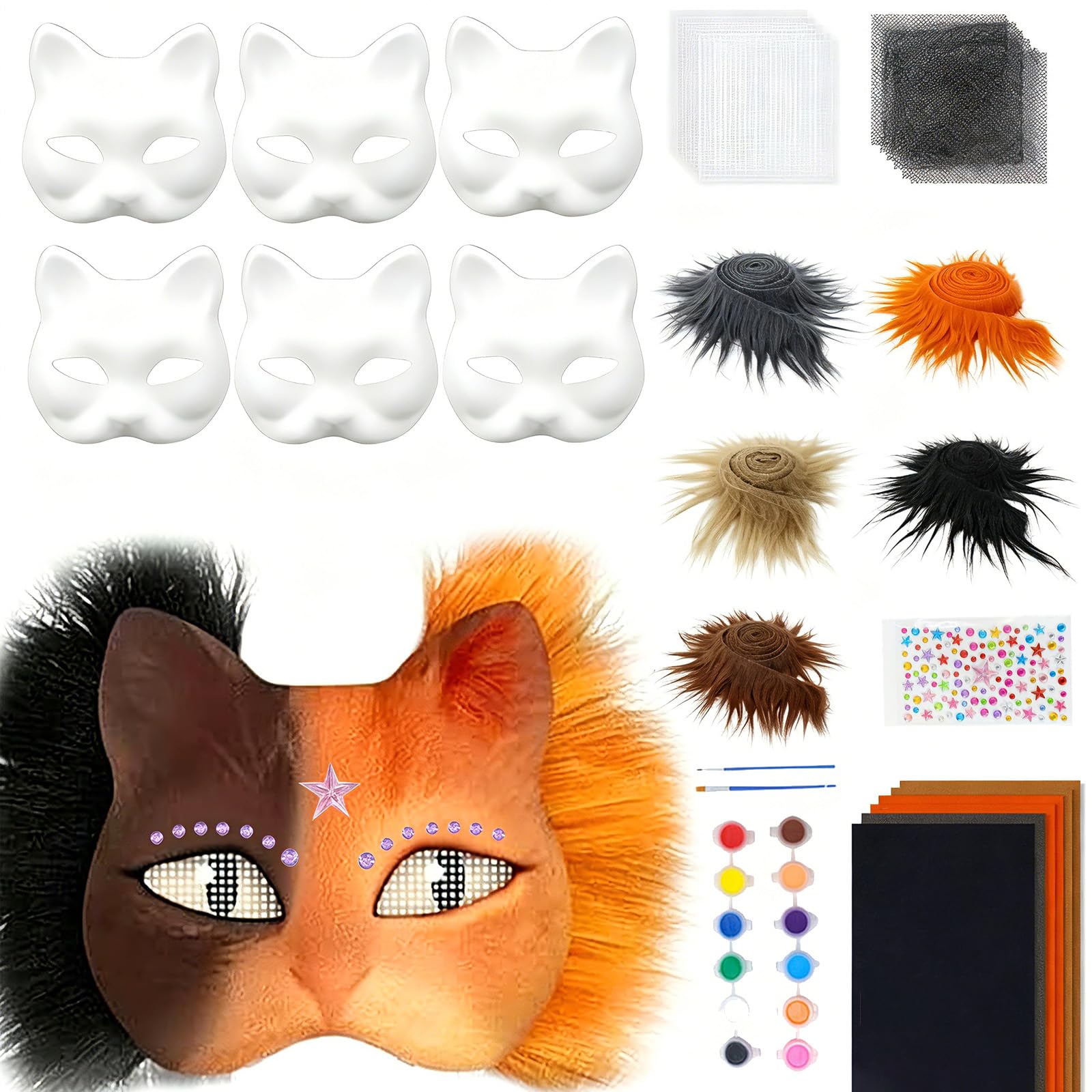 Gestaltung Durch Malerei Oder Collage Maski dla samotnych kotów, 6 szt | Zestaw masek dla kota DIY z łatwością stwórz własną maskę, na Halloween, maskaradę, odgrywanie ról