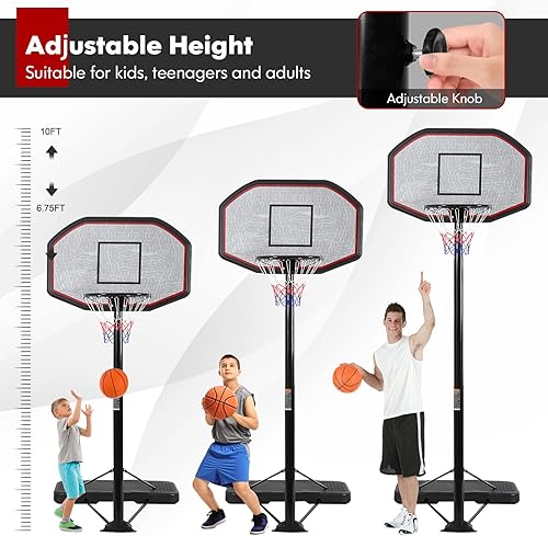 Miniatura 3 de Goplus Aro de baloncesto portátil para exteriores, soporte de baloncesto ajustable de altura de 6.5 pies y 10 pies con ruedas, tablero trasero de 44