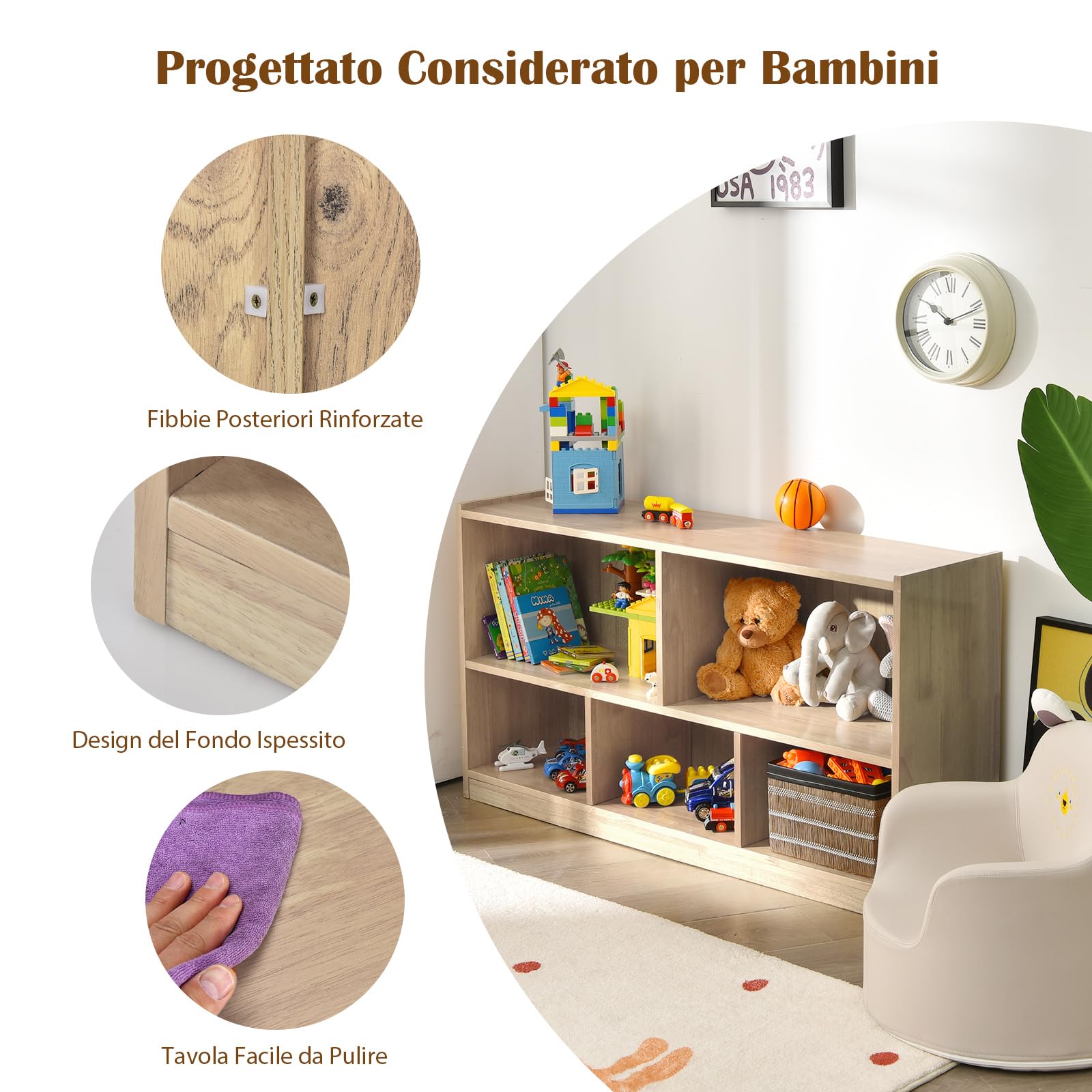 COSTWAY Libreria per Bambini e Organizer Giocattoli, Scaffale di Legno Con 5 Scompartimenti, Per Stanza dei Giochi Camera Dei Bambini Angolo di Lettura Classe Scuola Materna (Naturale)