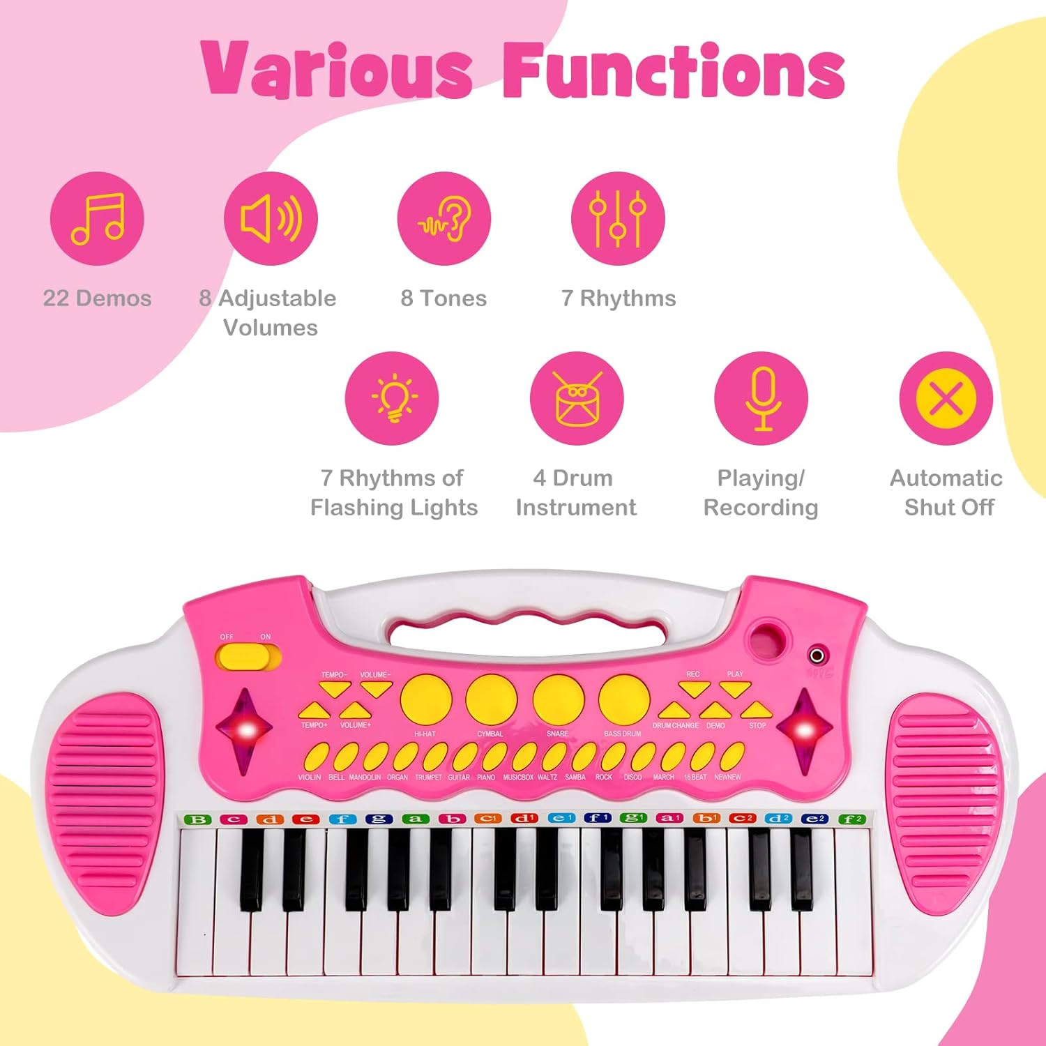 HONEY JOY Kids Piano Keyboard, 31-Key Electronic Piano Educational Musical Instrument Toy with Microphone, Sounds, Record Playback, Lights & Stool, Gift for Girls Boys (Pink)