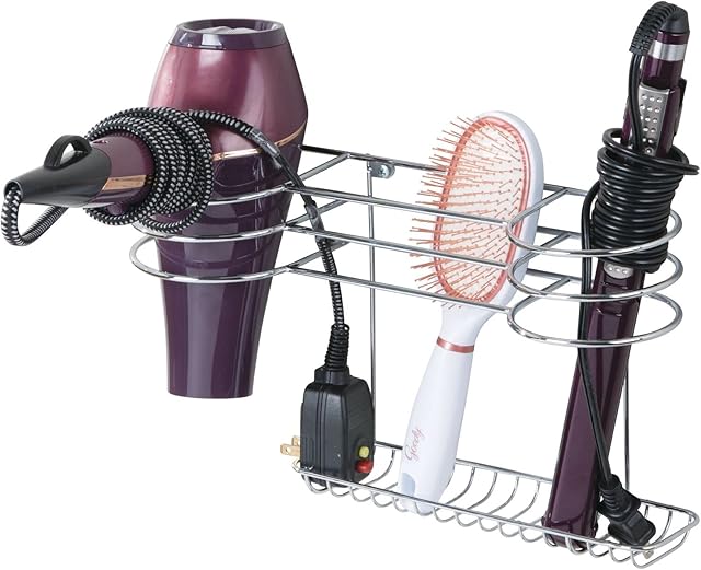 mDesign Hair Dryer Holder  Bathroom Hair Straightener and Blow Dryer Storage Unit  Metal Hanging Basket for Heated Appliances  Silver