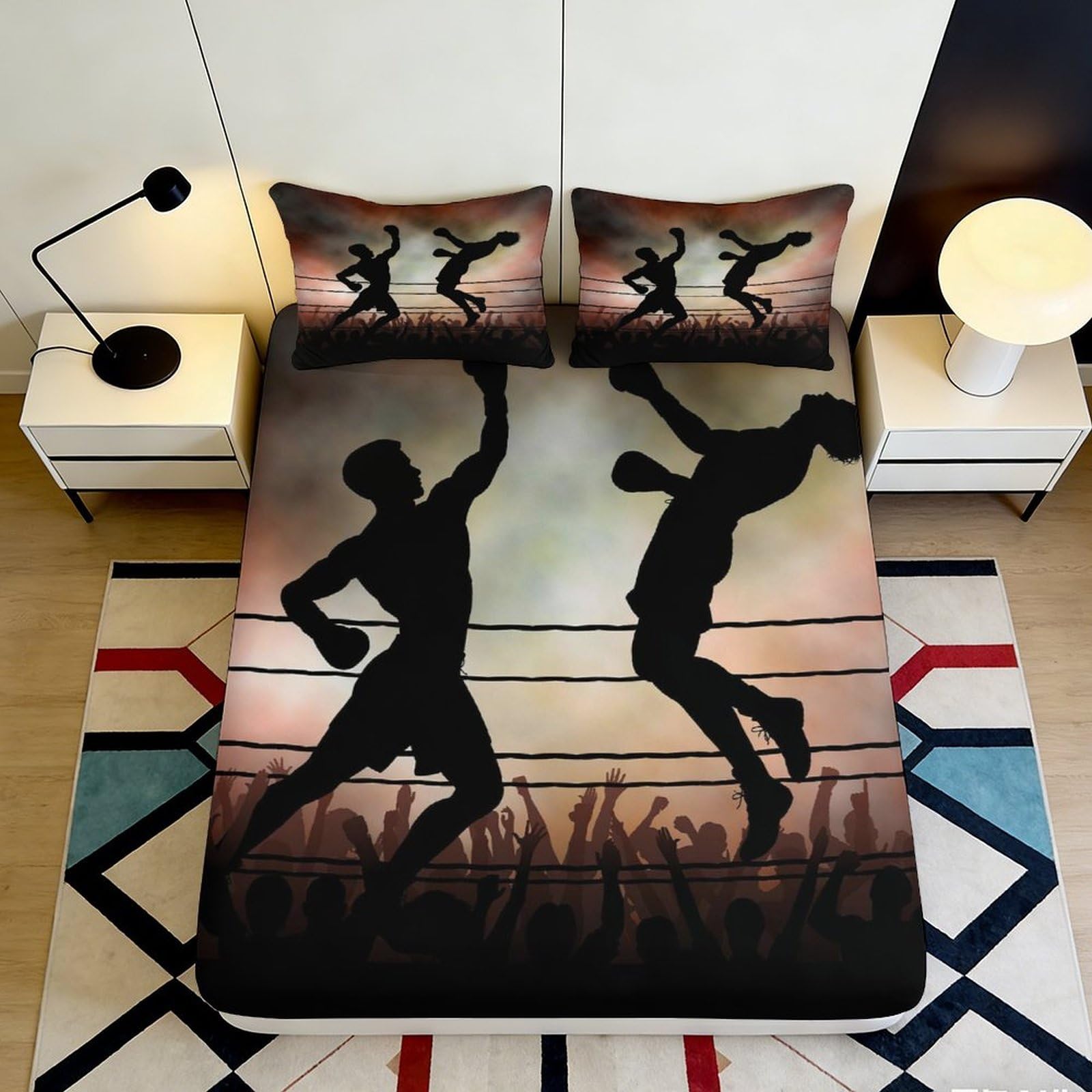 3D Printed Boxing Champion Fitted Sheet Microfiber Black Sports Ring Bed Cover for Bedroom Guest Room Decor 90x200x25cm