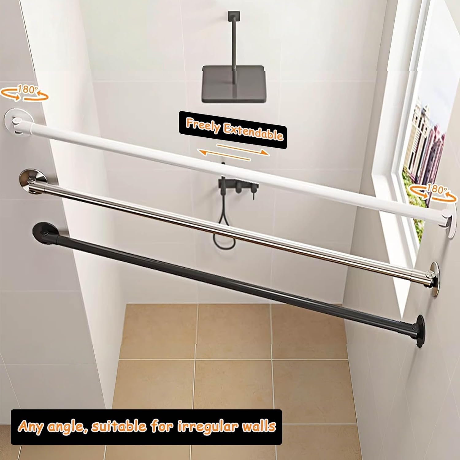 Closet Rod 2 Pack Angled Wall Closet Rod Flange Adjustable, 180° Swivel Clothes Rail Support Bracket Retractable, Space Saving Shower Curtain Hanger Pole(Silver,150-260cm(59"-102"))
