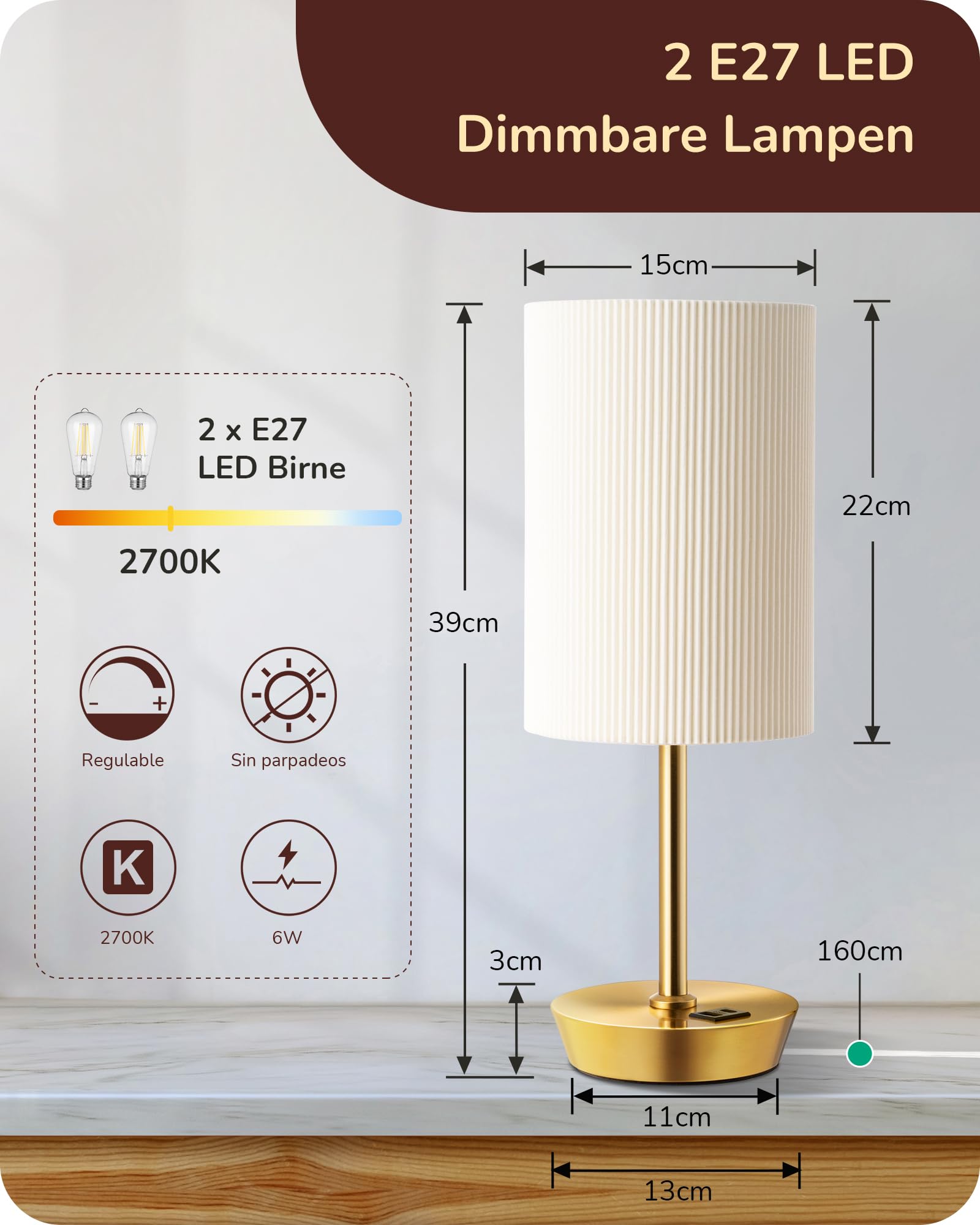 EDISHINE Lámpara de Noche Regulable Táctil Juego de 2, Lámpara de Mesa, Lámpara Pequeña, con Función de Carga, 2 Puertos USB, con Cable, para Dormitorio, Salón, Alféizar de Ventana, Regalo, Dorado