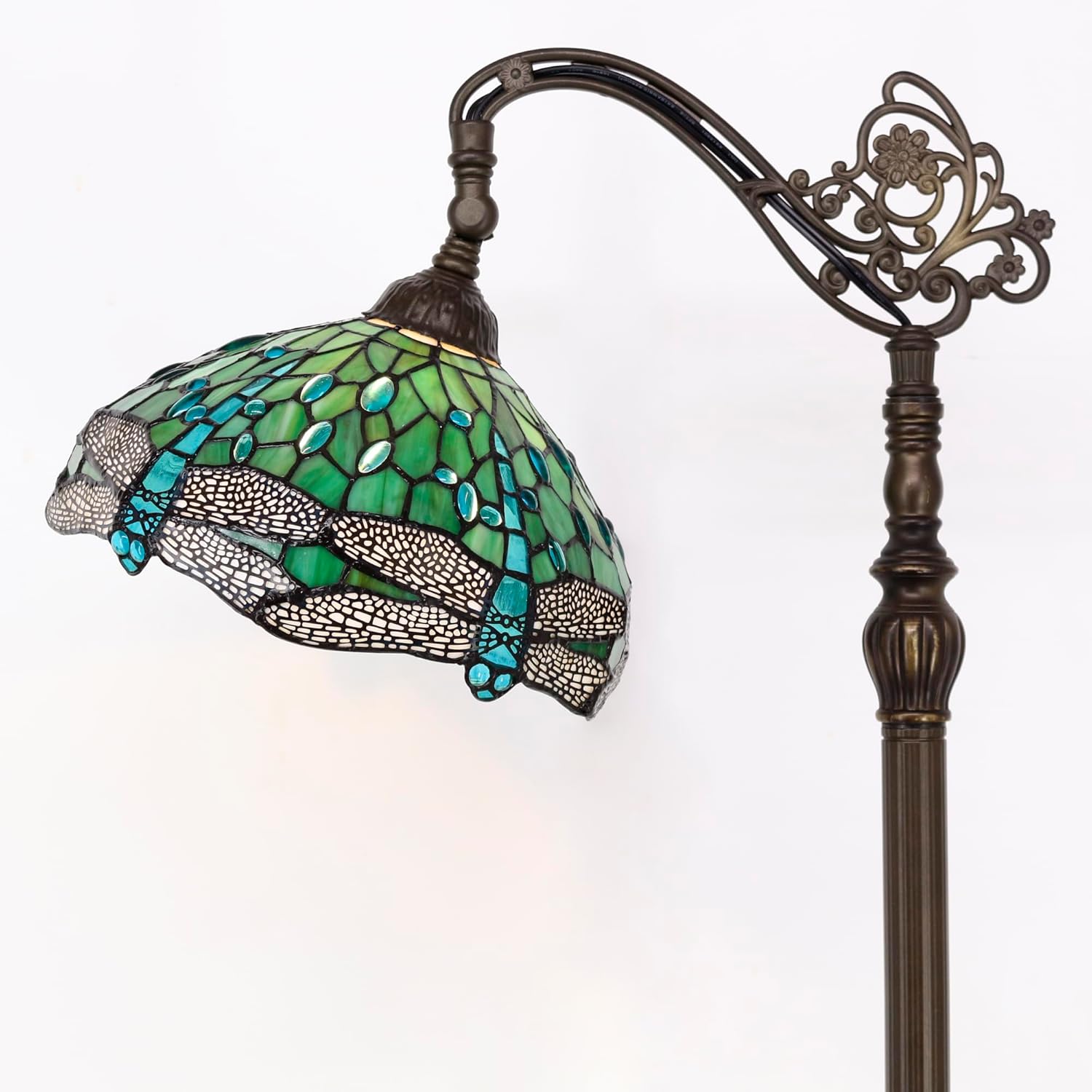 Tiffany Floor Lamp Stained Glass Lamp 18.88X12X67 Inch Angle Adjustable Arched Gooseneck Antique Reading Light (Green Dragonfly)