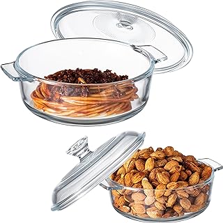 Maxcheck 2 Pieces Glass Casserole Dish with Lid 0.8L/ 1.7L Baking Casserole Dish Covered Cookware Microwave Bowls with Handle for Kitchen Restaurant Home Party Cooking, Oven Safe (Round)