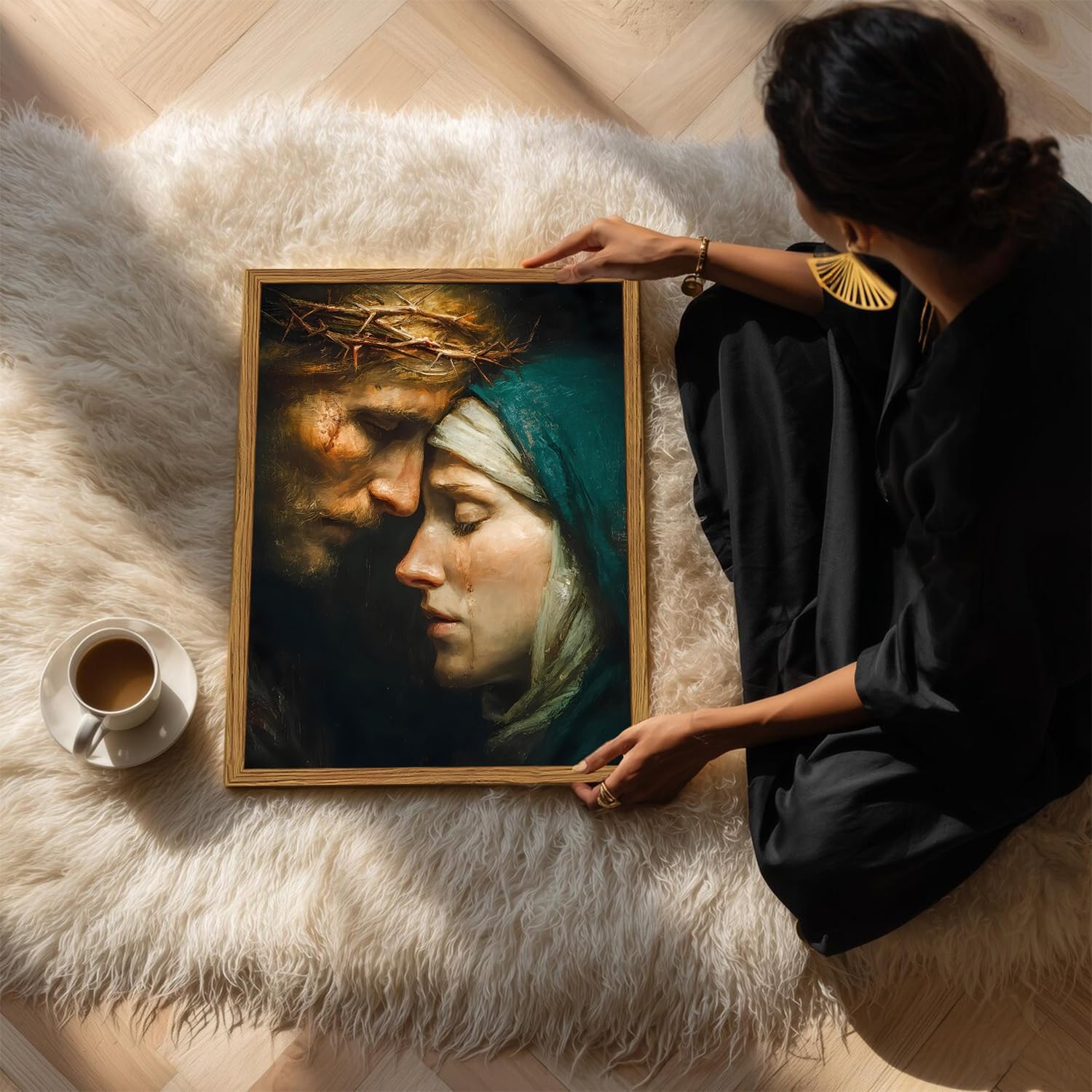 Framed Jesus and Virgin Mary Embrace Wall Art, Christian Wall Decor Paintings, Catholic Religious Pictures Canvas Prints for Home Living Room Bedroom Church Prayer Room 12x16 inch