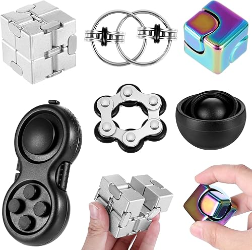 Shappy Juego de 6 juguetes antiestrés para adultos, juego de juguetes giratorios infinitos, cubo de cadena de seis rodillos y llave, cadena de