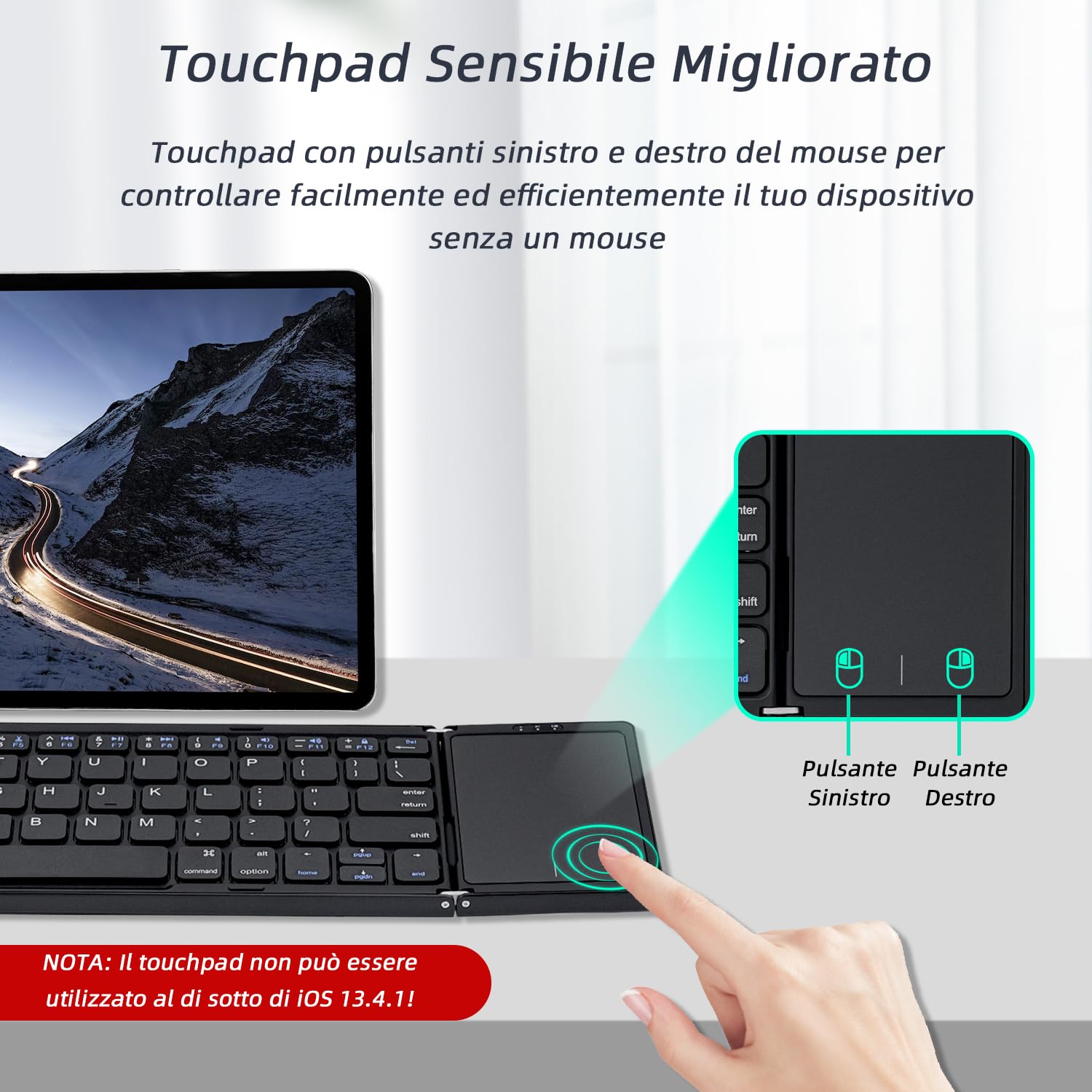 Mcbazel Tastiera senza fili pieghevole con touchpad per tablet/cellulare/PC, tastiera portatile senza fili ricaricabile supporta più dispositivi/iOS/Android/MacOS/Windows, Layout US – nero