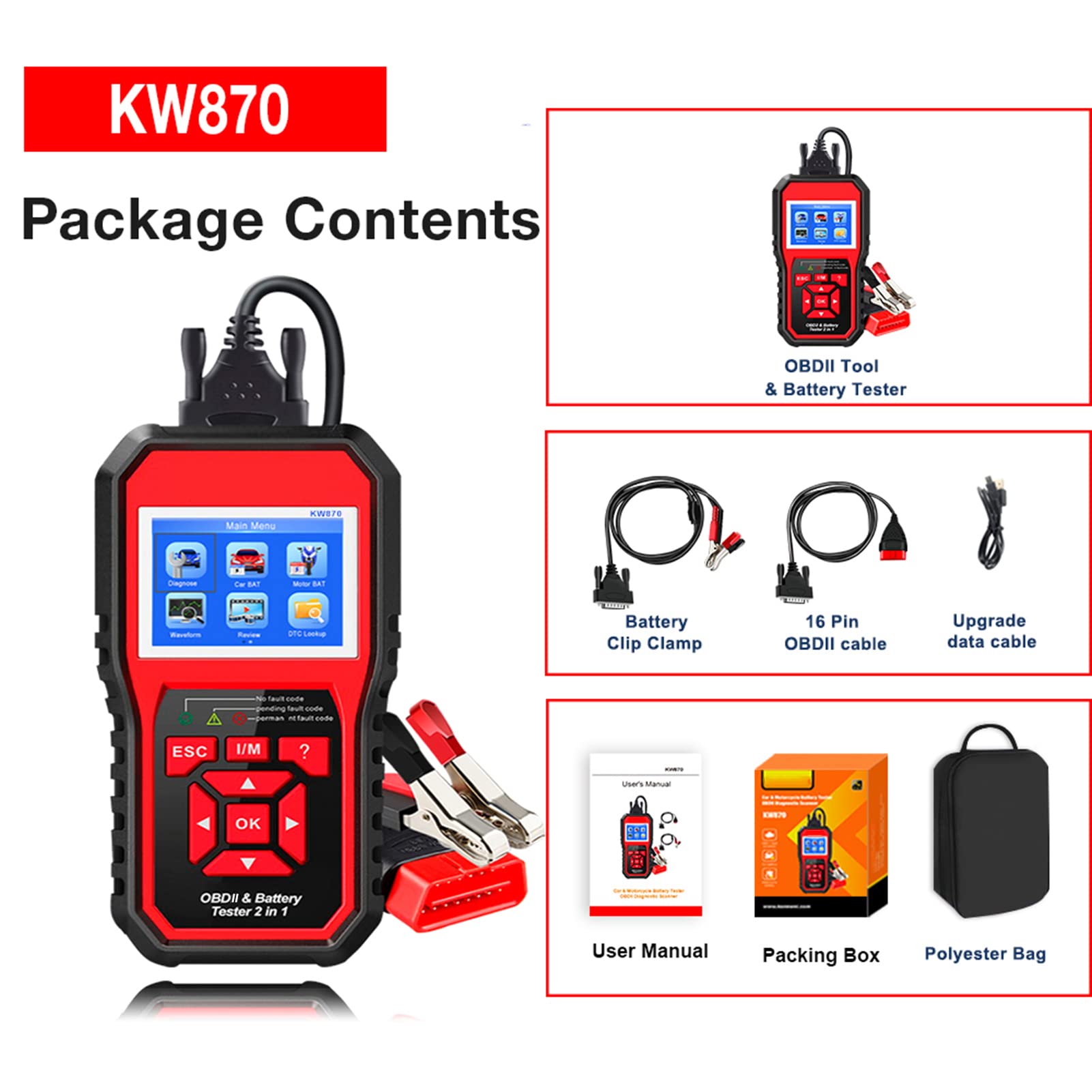 KW870 Scanner di Codici Diagnostico Automatico Professionale con Tester Batteria, per Proprietari di Veicoli, Strumenti Scansione Diagnostica Automatica 2 in 1 per Officina Riparazioni Auto
