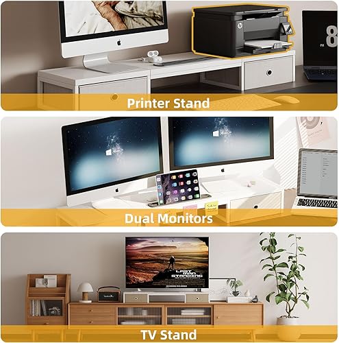 Miniatura 6 de Mexin Soporte elevador de monitor doble con 2 cajones, 39 pulgadas de almacenamiento grande para monitor de computadora para 2 monitores,