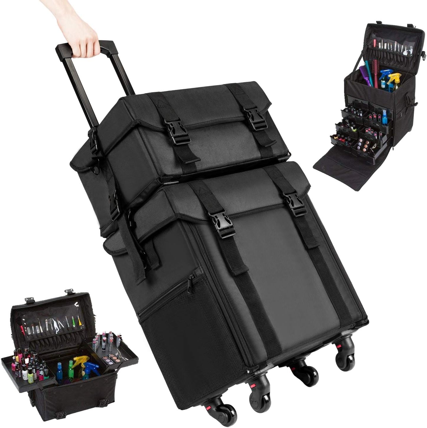 Goujxcy Rolling Makeup Case,2-in-1 Nylon Makeup Case Soft with Wheels Travel Cosmetic Cases Detachable Professional Rolling Trolley Makeup Travel Case Oxford Vanity Portable Makeup Organizer Box