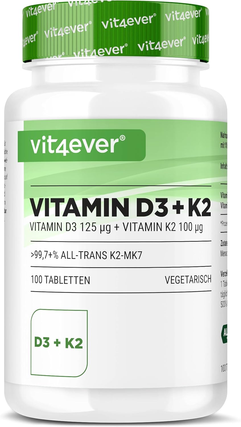 Vitamine D3 + K2 Depot – 100 tabletten met 5000 I.U + Vitamine K2 200 mcg per EEN tablet – 99,7+% All-Trans (K2VITAL® by Kappa) – Getest in laboratorium – Hoge Dosis – Premium Kwaliteit