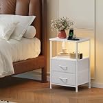 Somdot White Nightstand with 2 Fabric Drawers,Bedside Table with Charging Station and LED Lights, Small Nightstand for Bedroom,Entryway,Closet,Hallway,White Leather