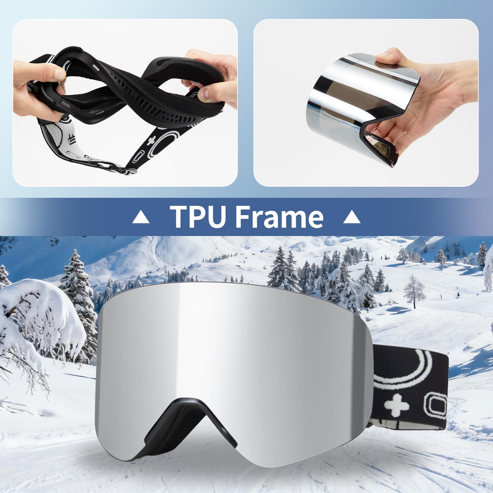 VCOROS Masque de Ski YH879B avec Magnétique Lentille pour Unisexes | Interchangeable Lunettes de Ski OTG Ajustables Anti Buée Coupe-Vent Anti-UV Lunettes de Snowboard pour Ski