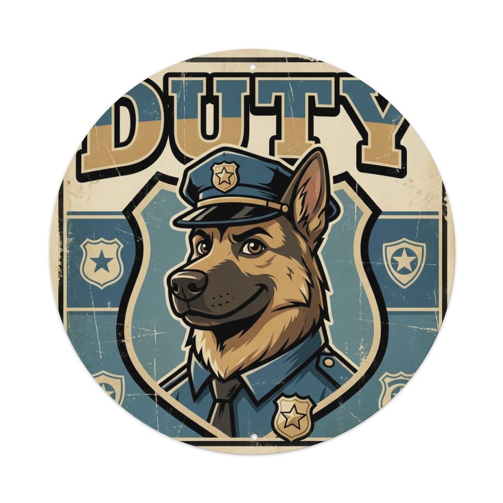 German Shepherd Duty Service Dog Vintage Metal Tin Sign Plaque Wall Decor for Cafe, Club Bar, Office, Home Garden Round Metal Poster 8x8Inch