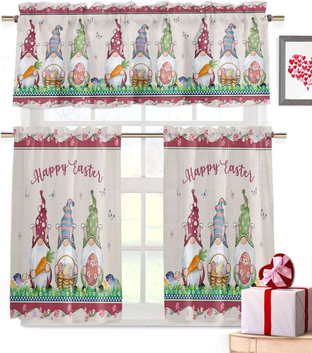 3 Piece Kitchen Curtains and Valances Set Gnomes Easter Cafe Curtains 24 Inch Length Eggs Tulips Spring Floral Rustic Valance & Tier Curtain for Living Room Bedroom Small Window 54"x18"+27"x24"*2