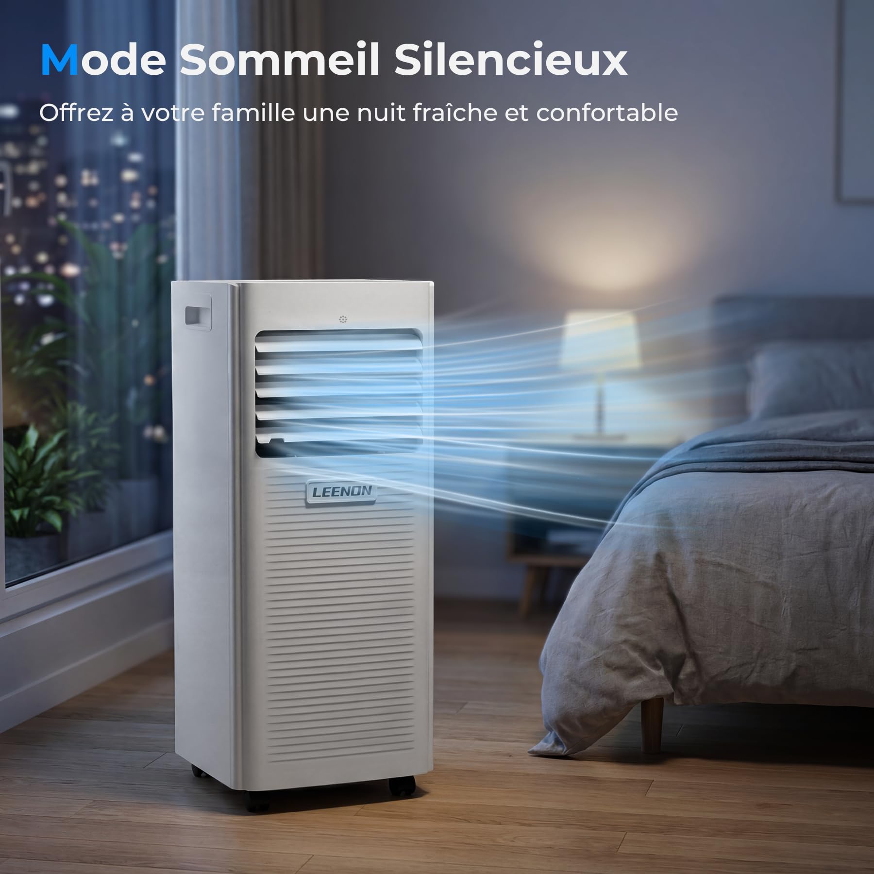 9000 BTU Climatiseur Mobile, LEENON 4 en 1 Climatisation Portable, Déshumidificateur & Ventilateur avec Télécommande, Minuterie 24H, Mode Nuit, Tuyau d'échappement, Mobile Clim pour Maison Bureau