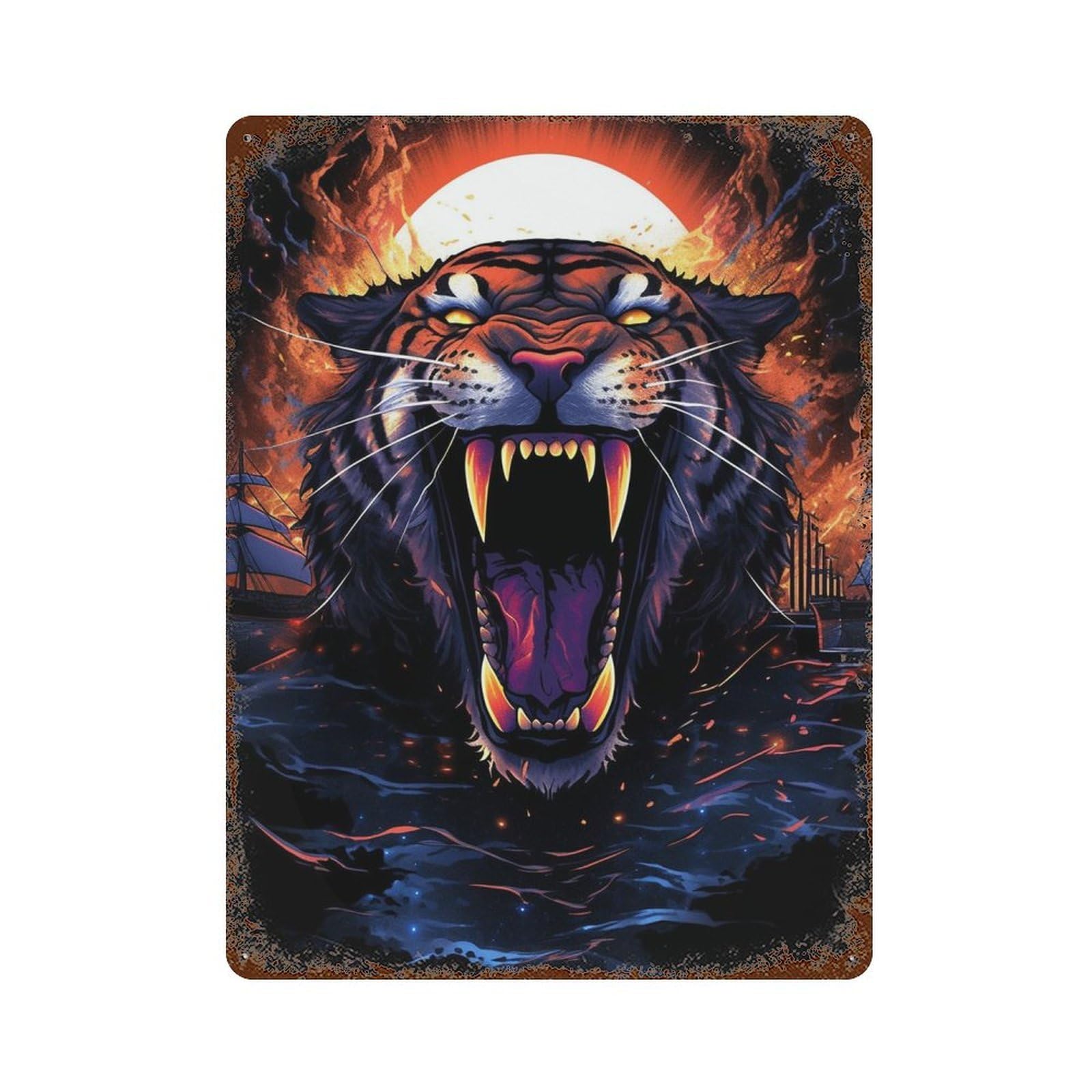 Roaring Tiger Art Print Decorative Tin Sign 15.7"x11.8", Vintage Wall Decor for Garage, Pub Or Kitchen