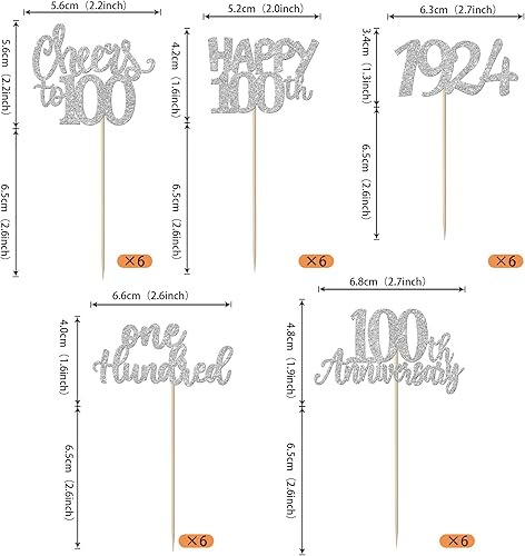 Miniatura 2 de Rsstarxi Paquete de 30 adornos para cupcakes de 100 aniversario desde 1924, saludos a 100 fabulosos palillos de cupcakes para decoración de