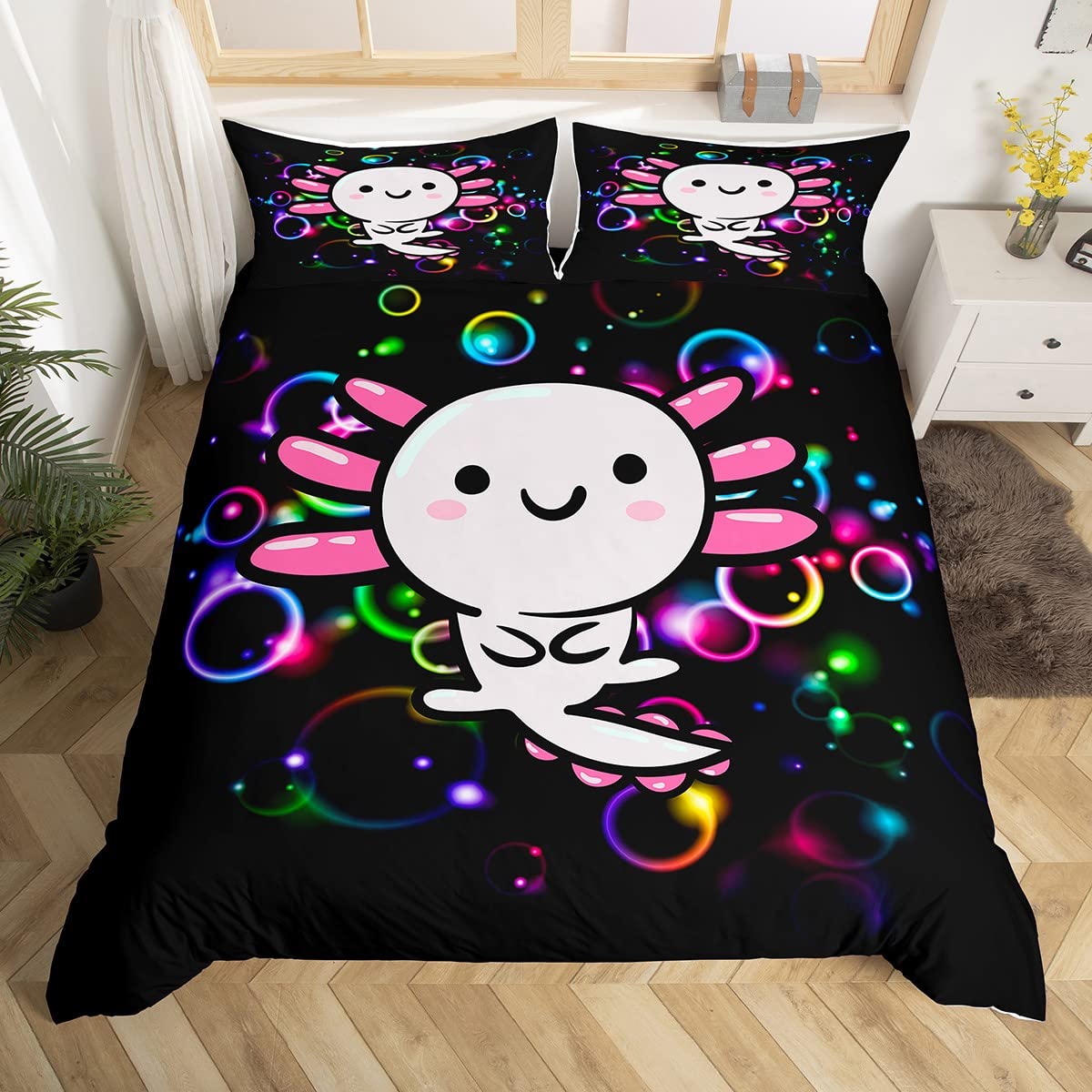 Loussiesd Cartoon Axolotl Bedding Set Kawaii Salamander Glitter Aperture Comforter Cover for Kids Boys Girls 3D Animals Duvet Cover Breathable Salamander Colorful Bedspread Cover King Size