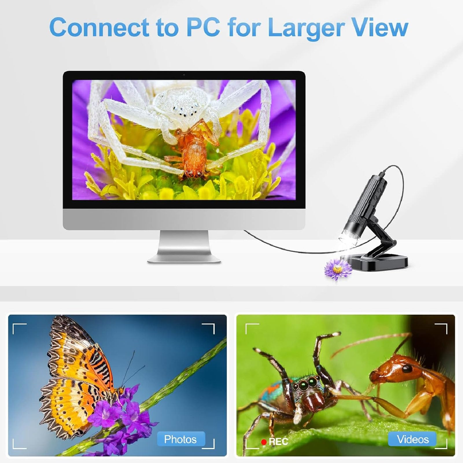 Drahtloses Digitalmikroskop 1080P HD 50X-1000X mit verstellbarem Ständer, 8 LED-Leuchten, USB-Münzenkamera-Vergrößerer für Handy & Tablet - Tragbar Wiederaufladbar