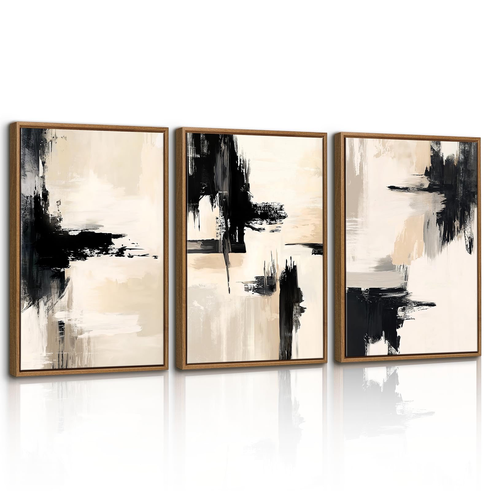 WENGTIAO Canvas Wall Art Framed Set of 3, Vintage Minimalist Ink Pictures, Abstract Black Beige Gray Painting Prints on Canvas for Living Room Bedroom Home Wall Decor 40x60cmx3