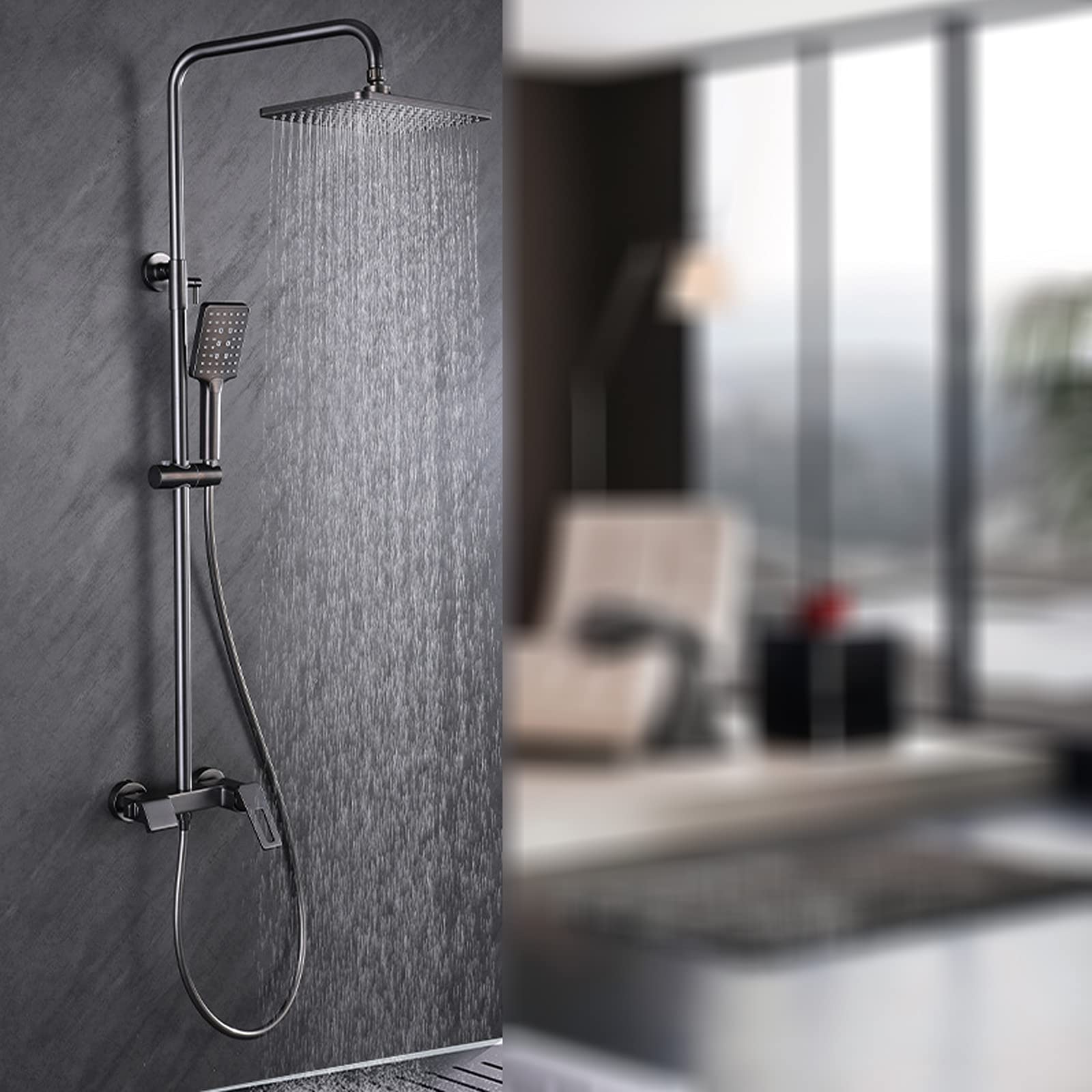 Sistema doccia a pioggia multifunzione con beccuccio per vasca a cascata e soffione doccia portatile, set completo di rubinetti da bagno per rinnovare finitura grigio pistola