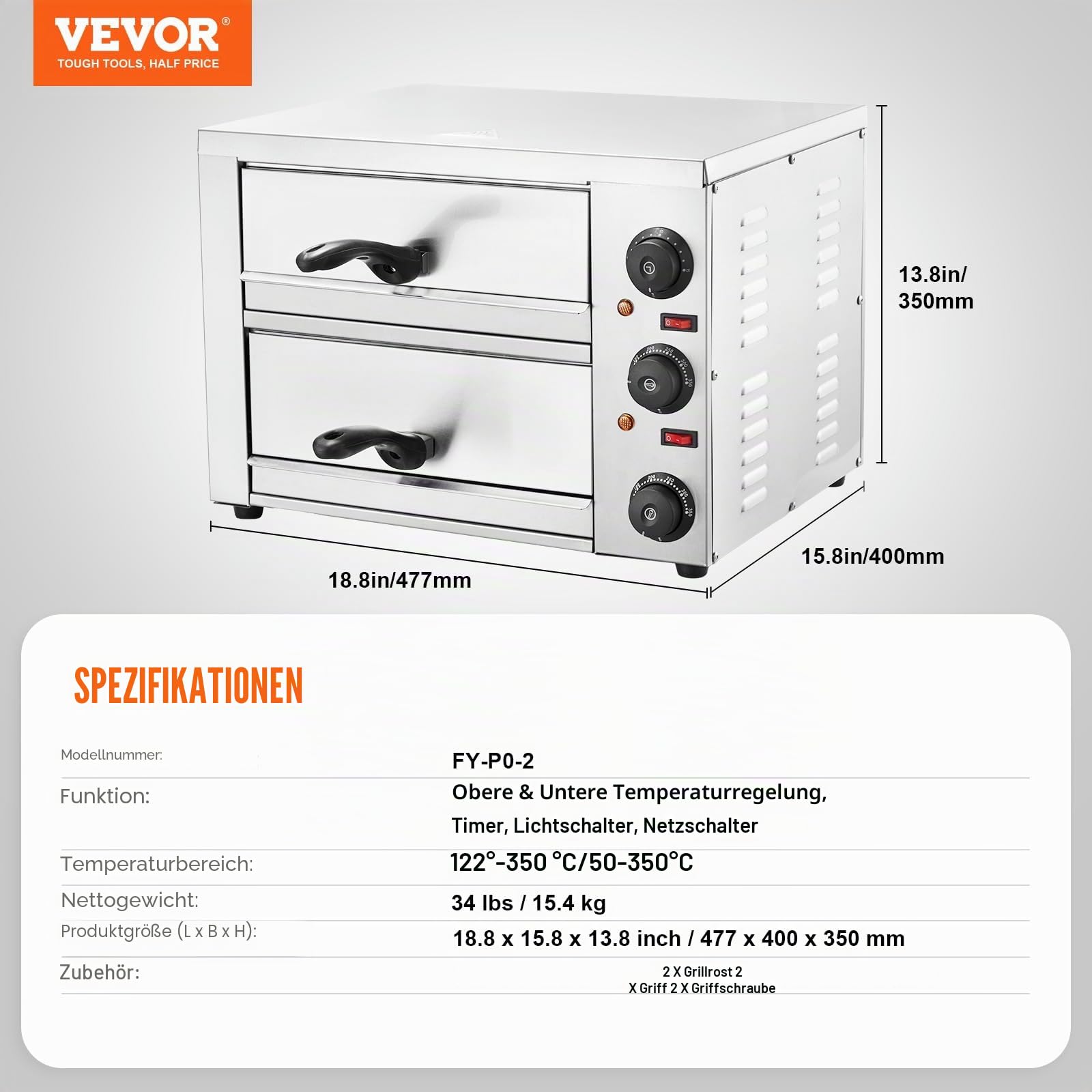 VEVOR Kommerzieller Pizzaofen Backofen, 2-lagig 305 mm, elektrischer Pizzaofen aus Edelstahl mit drei Drehknöpfen, Mehrzweck-Pizzamaker Indoor, zum Backen im Restaurant, zu Hause, Schwarz
