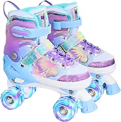 Patins Infantil Cano Alto, 8 Rodas Iluminadas com LED e 4 Tamanhos Ajustáveis, Patins Quad com Bolsa de Armazenamento, patins de fileira dupla para meninas