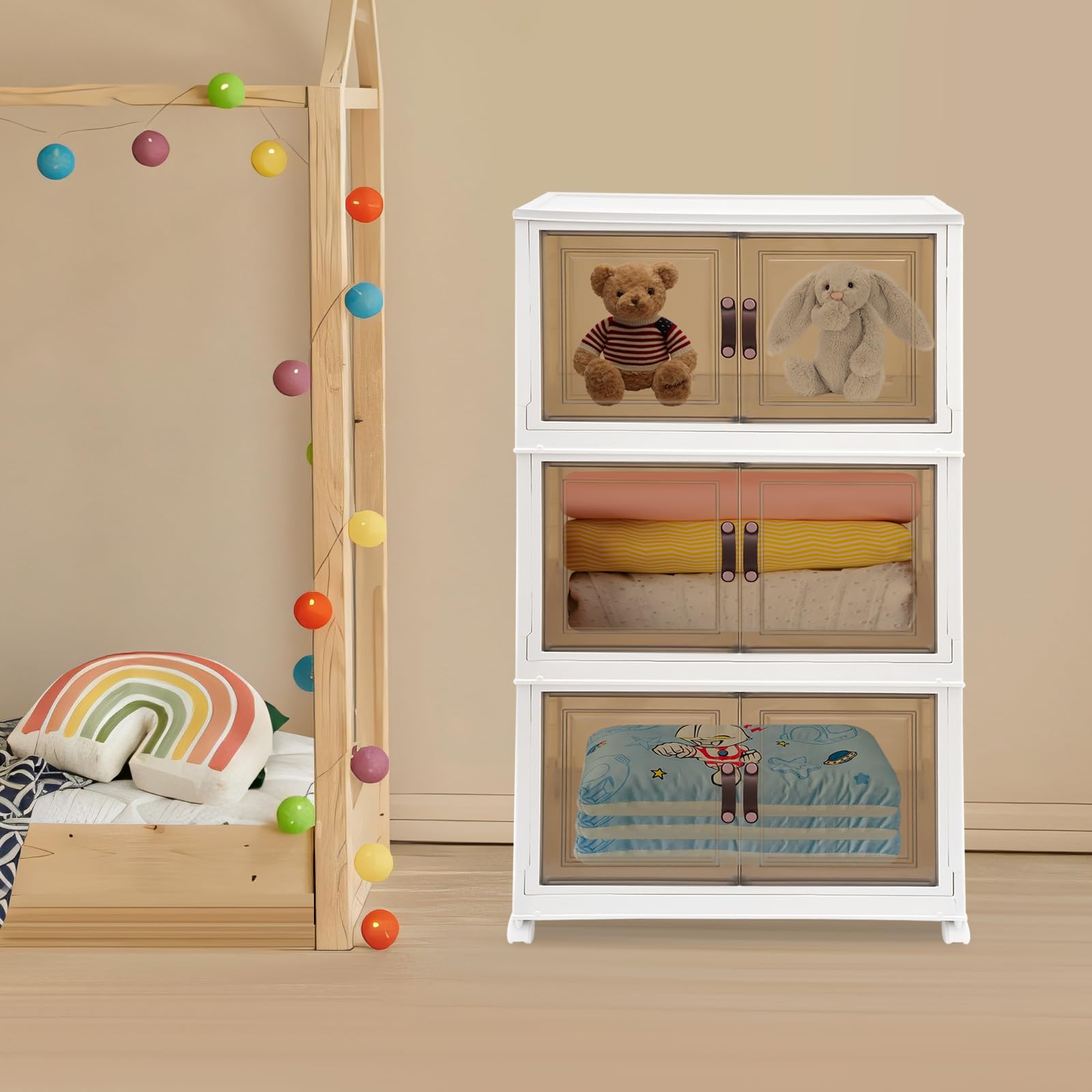 Caja de almacenaje con tapa, 3 niveles, 65 x 42 x 110,5 cm, transparente, para dormitorio, cocina, cuarto de baño