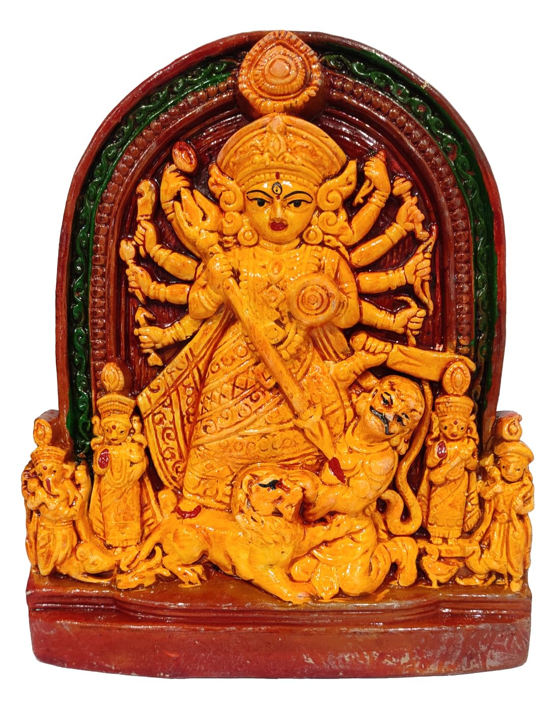 Purpledip Terracotta Clay Idol Durga Mahishasura-mardini: Table Top Statue for Home Temple (TMP023)