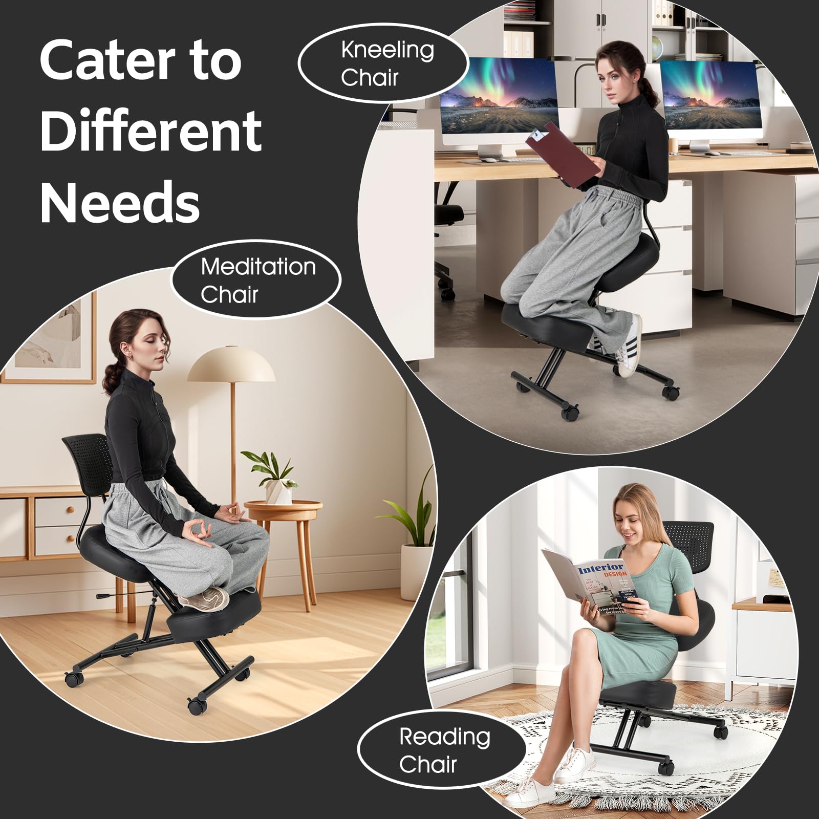 HOMASIS Genouillère Ergonomique, Tabouret à Genoux avec 4 roulettes & Freins, réglable en Hauteur, Chaise de Bureau avec Coussin d'assise épais, Pouf orthopédique Chaise d'ordinateur (avec Dossier)