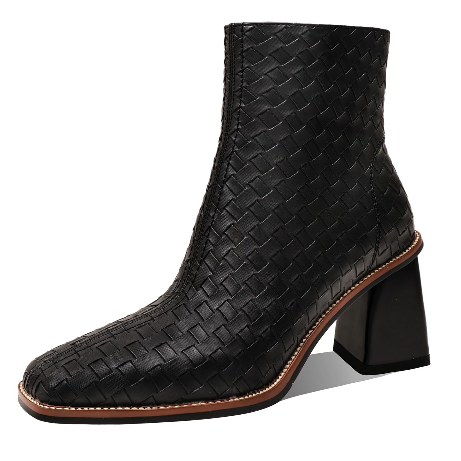 Womens Ankle Boots Chunky Mid Heel Booties Retro Square Pointed Toe Side Zipper Short Boots Heeled Shoes for