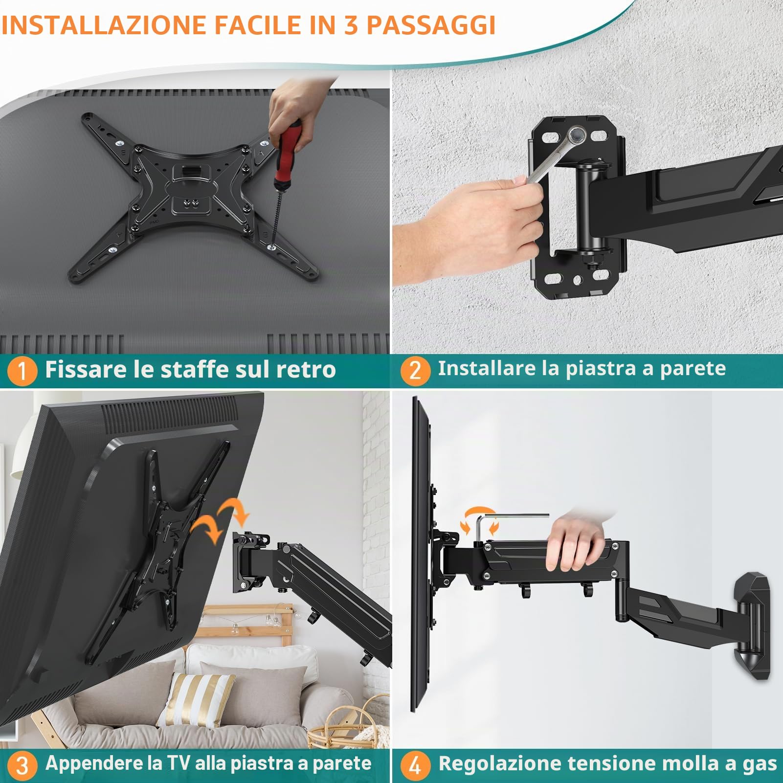 ELIVED Staffa a parete per TV Braccio a molla a gas regolabile in altezza, supporto a parete per la maggior parte dei televisori da 23-55 pollici con VESA 100x100mm-400x400mm fino a 25KG