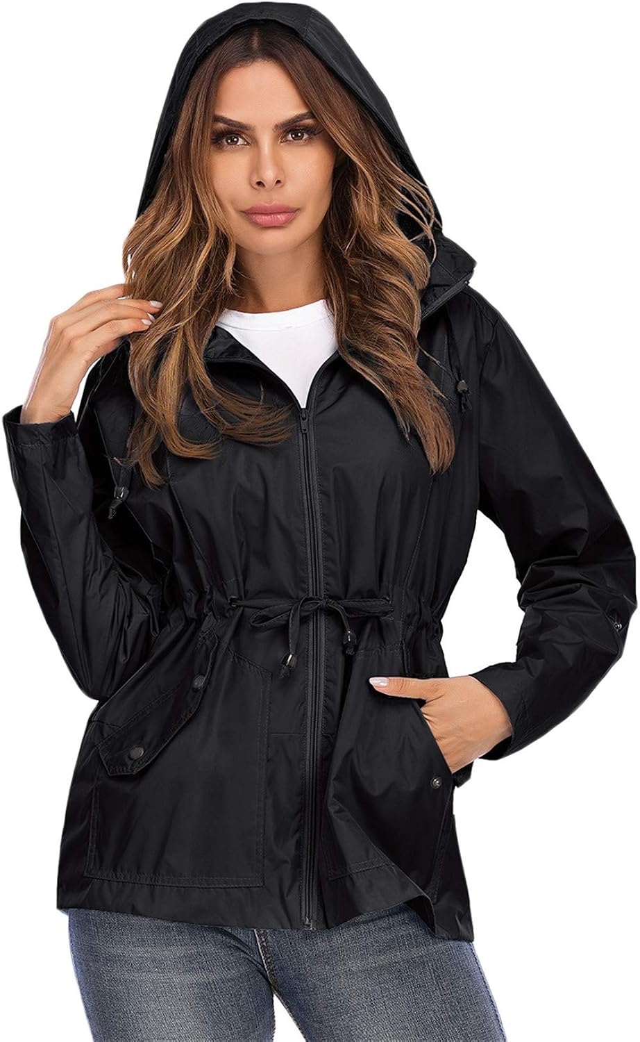 Andongnywell Waterproof Waistcoat hoodedbreathable mesh Outdoor Hiking Rainproof Jacket Waterproof Rain Jacket (Black,Large)