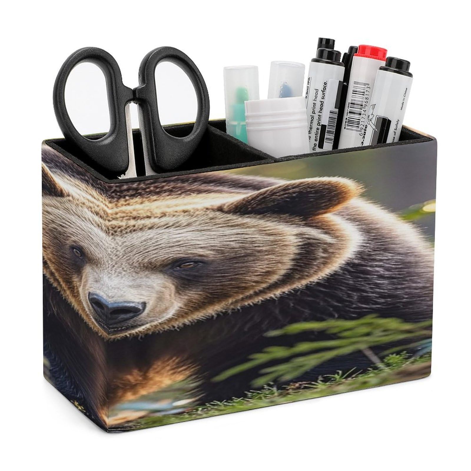 LZQPOEAS Bear Leather Pen Holder with 2 Compartments Luxury Pencil Holder Minimalist Pencil Cup Brush Scissor Holders Elegant Pen Cup for Office Home Desk Accessories