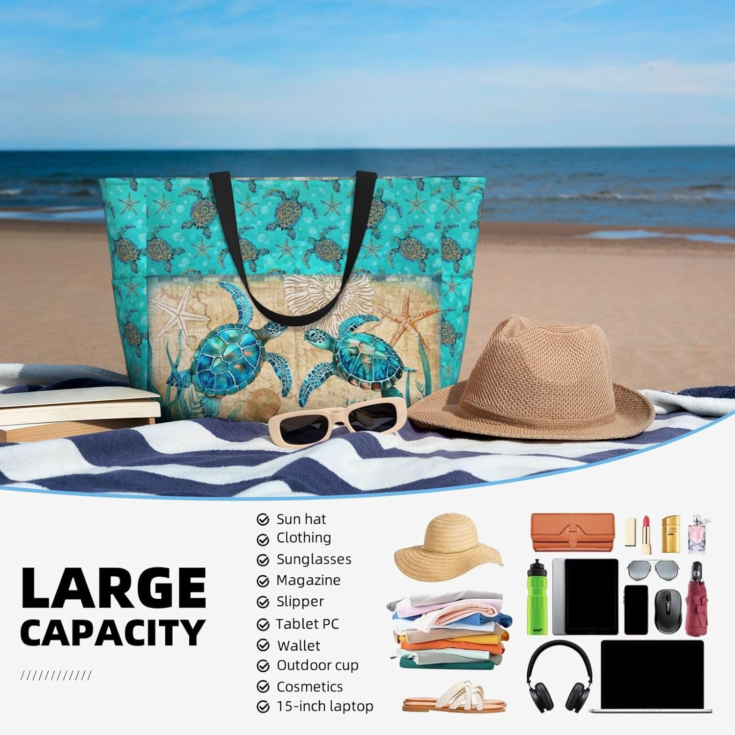 Beach Bag Tote Bags Waterproof Sandproof for Women Large Beach Tote Bag Foldable with Pockets for Weekend Vacation - Image 2