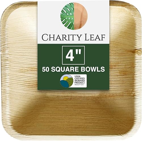 Charity Leaf Cuenco cuadrado desechable de hoja de palma de 4 pulgadas (50 piezas)  Como bambú  Todo natural y biodegradable  Tablas de embutidos,