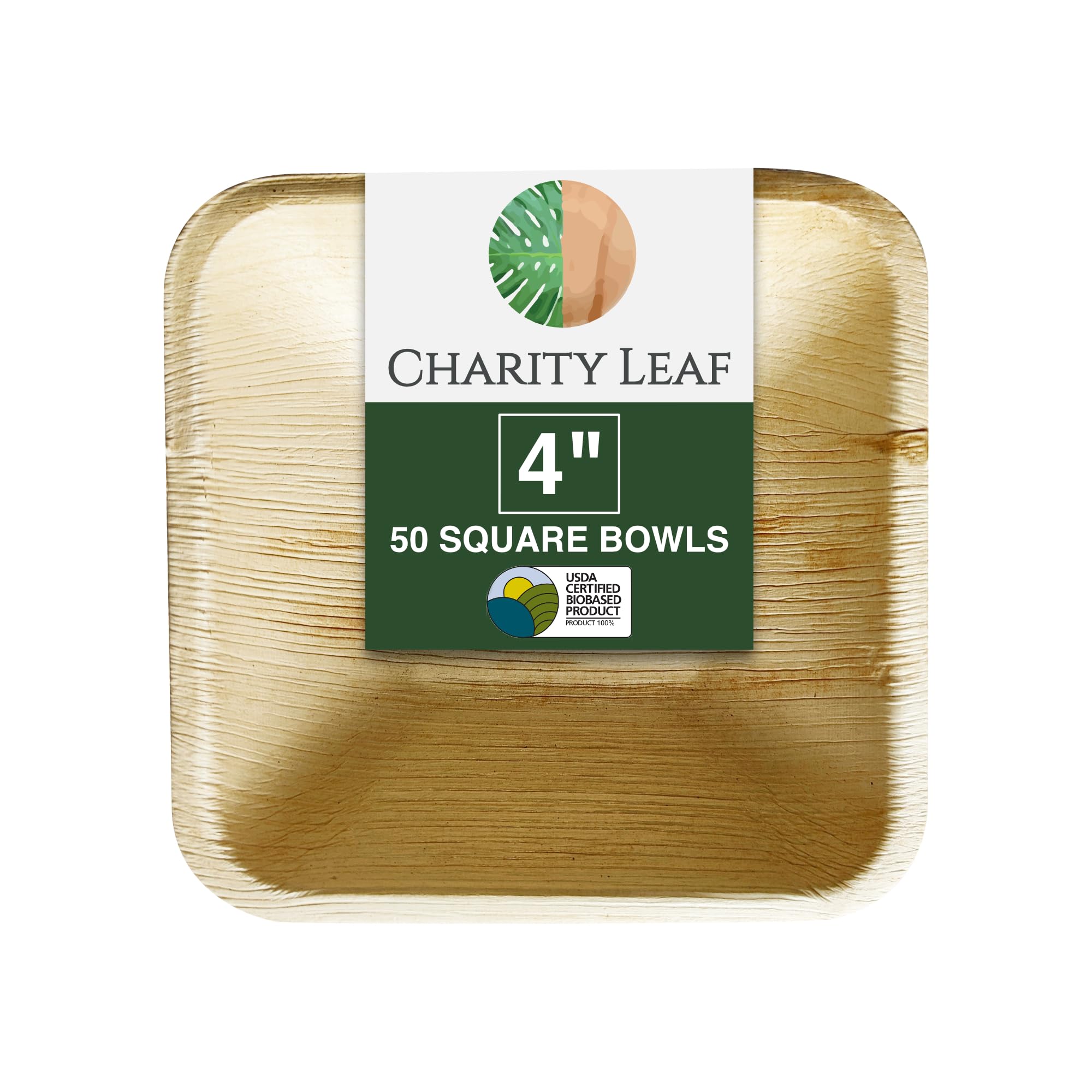 Charity Leaf Disposable Palm Leaf 4" Square Bowl (50 pcs) Dipping Bowls | Bamboo Like| All Natural and Biodegradable | Charcuterie Boards, BBQs, and