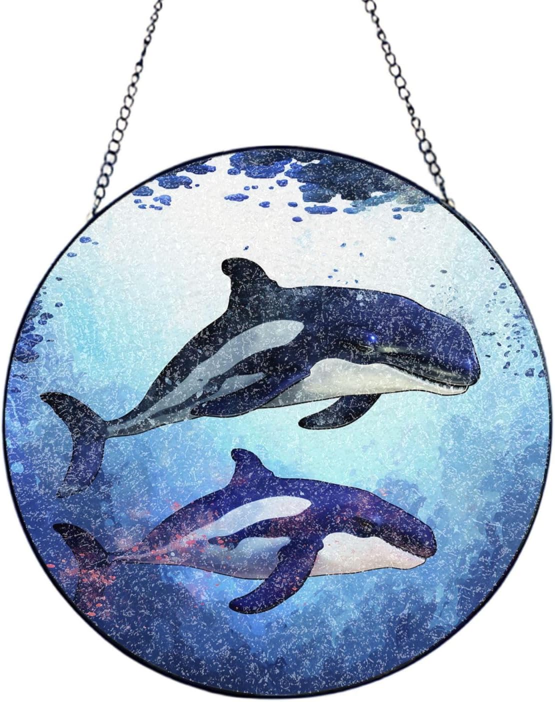 Stained Glass Window Hanging 6in（15cm）, Orca Killer Whale Glass Suncatcher for Home Decor, Indoor Wall Art Glass Panel with Metal Chain and Hooks, Sun Catcher Ornament Birthday Gifts