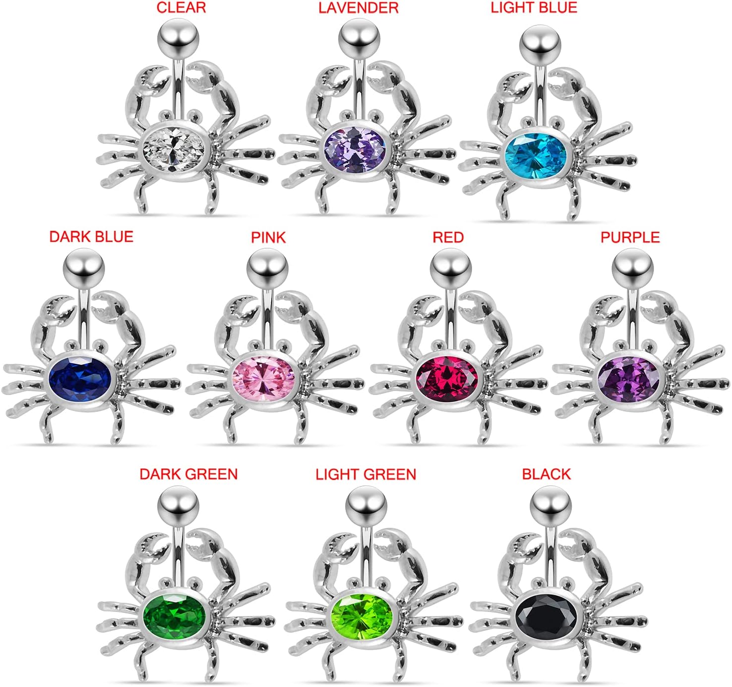 Cz Gemstones Cute Crab 925 Sterling Silver with Stainless Steel Belly Ring - Belly Button jewelry - Navel jewelry