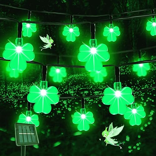 BeHiller Guirnalda de luces solares de trébol verde para decoración del día de San Patricio, 50 luces LED solares de trébol de la suerte, decoración