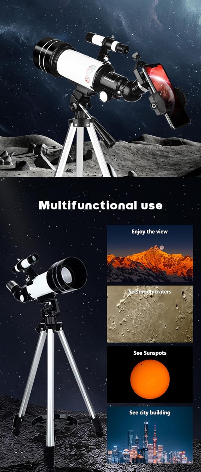 70mm Refractor Telescope for Adults Kids, 400mm & Tripod，White | 70mm Aperture, 400mm(f/5.7) Focal Length, Fully Multi-Coated Optics, 3x Barlow Lens, Phone Adapter & Wireless Remote