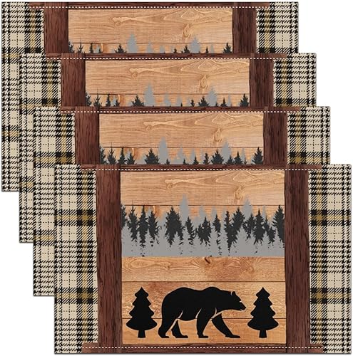 Juego de 4 manteles individuales para mesa de oso, diseño rústico de animales salvajes, 12 x 18 pulgadas, para mesa de cocina, tablero de madera