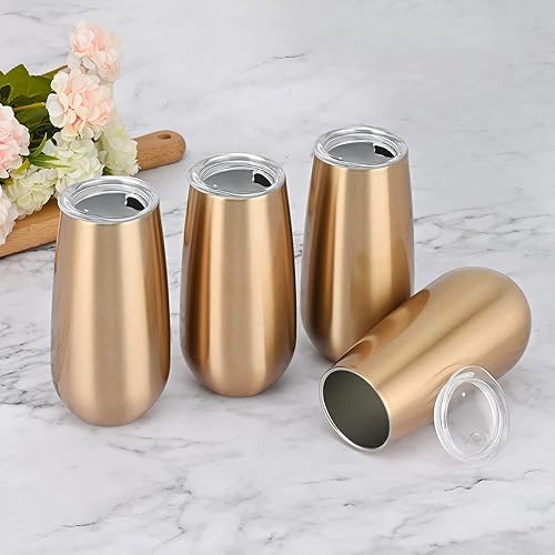 Miniatura 2 de Paquete de 4 vasos aislados sin tallo, doble aislamiento, vaso de vino reutilizable de 6 onzas con tapa, sin tallo (dorado)