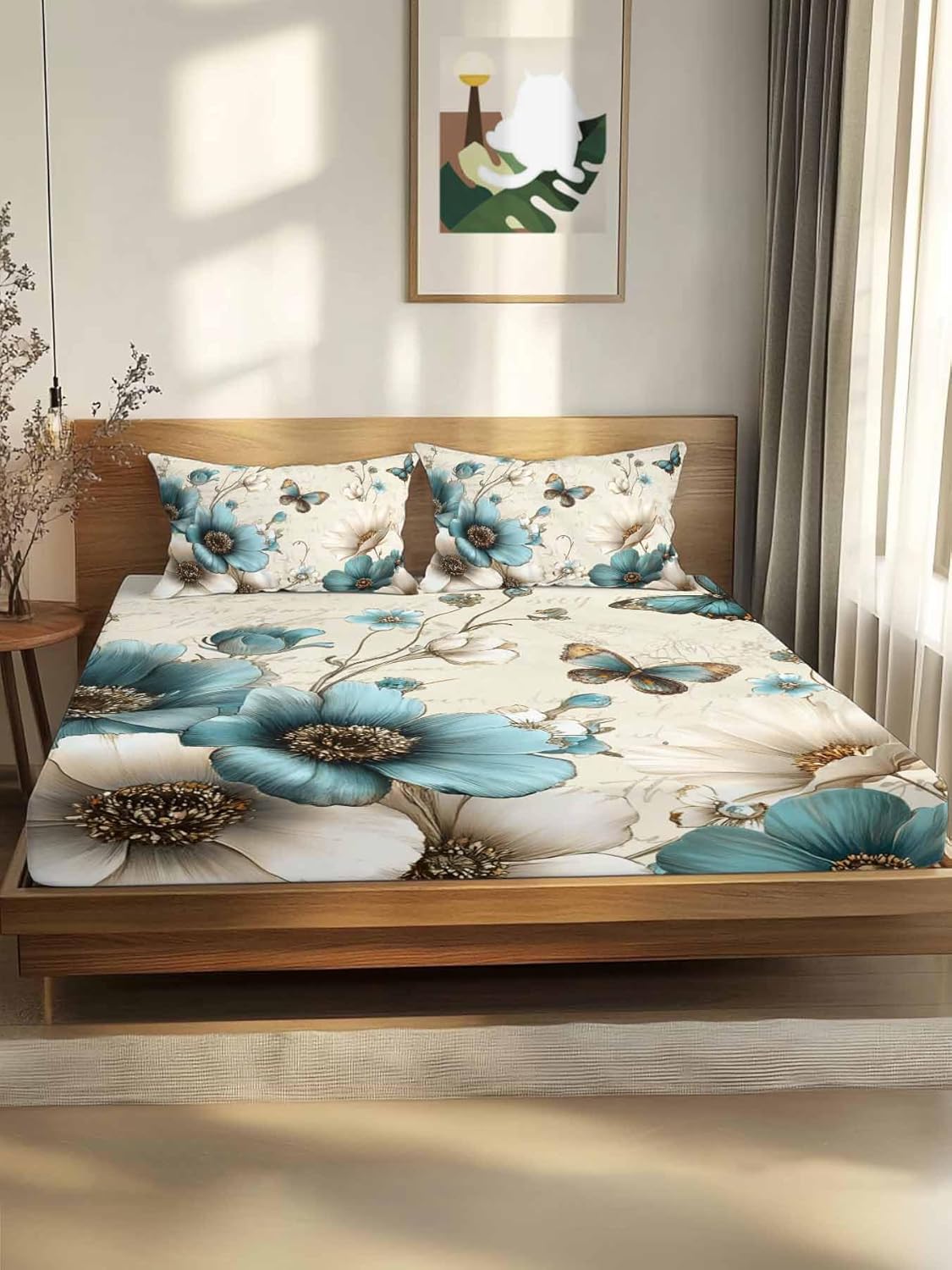 Teal Tulips King Size Fitted Sheet Set - Vintage Farmhosue Turquoise Floral Butterflies 3 Piece Bedding Sets 16" Deep Pocket Fitted Sheet with 2 Pillowcases, Brushed Microfiber Hotel Luxury Bed Sheets