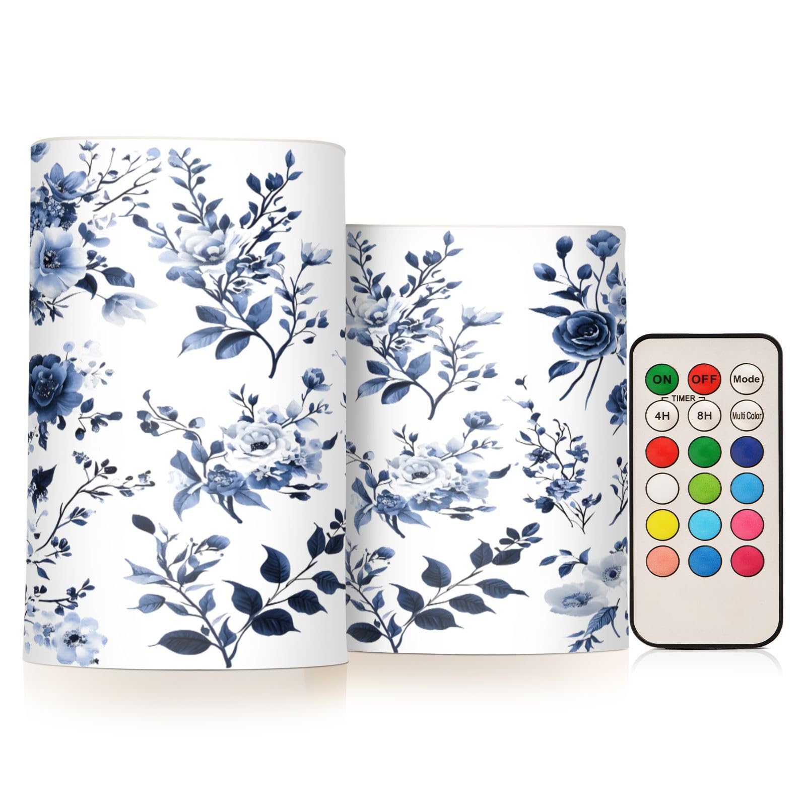Mnsruu Flickering Flameless Candles Blue White Porcelain Flowers LED Candles with Remote Timer Set of 2 Battery Operated Candle Home Decoration